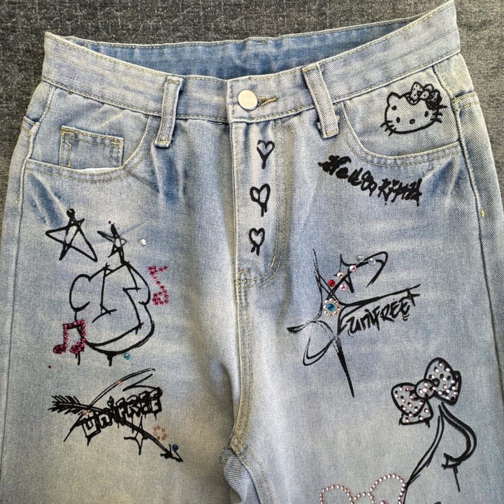 Vintage Hello Kitty Graffiti Rhinestone Wide Leg Jeans Womens 43 Blue Light Wash - Picture 8 of 11